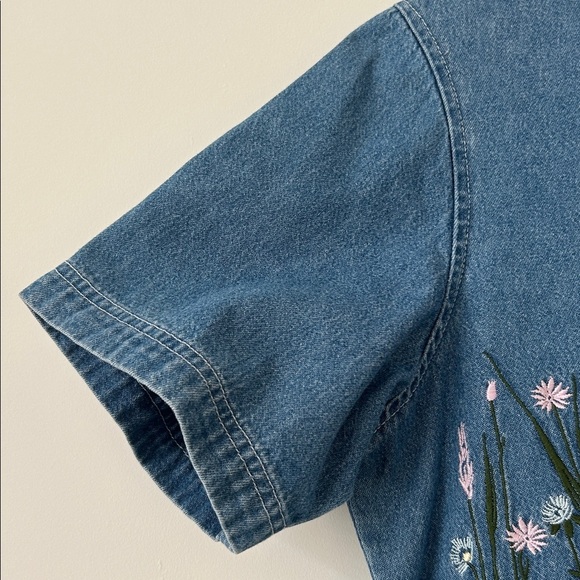 Vintage Sears Chambray Denim Prairie Short Sleeve Floral Embroidered Midi Dress - Picture 5 of 11